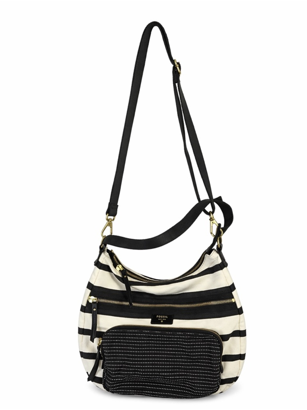 FOSSIL Black Cream Stripe Canvas Crossbody Shoulder Bag Tote Handbag